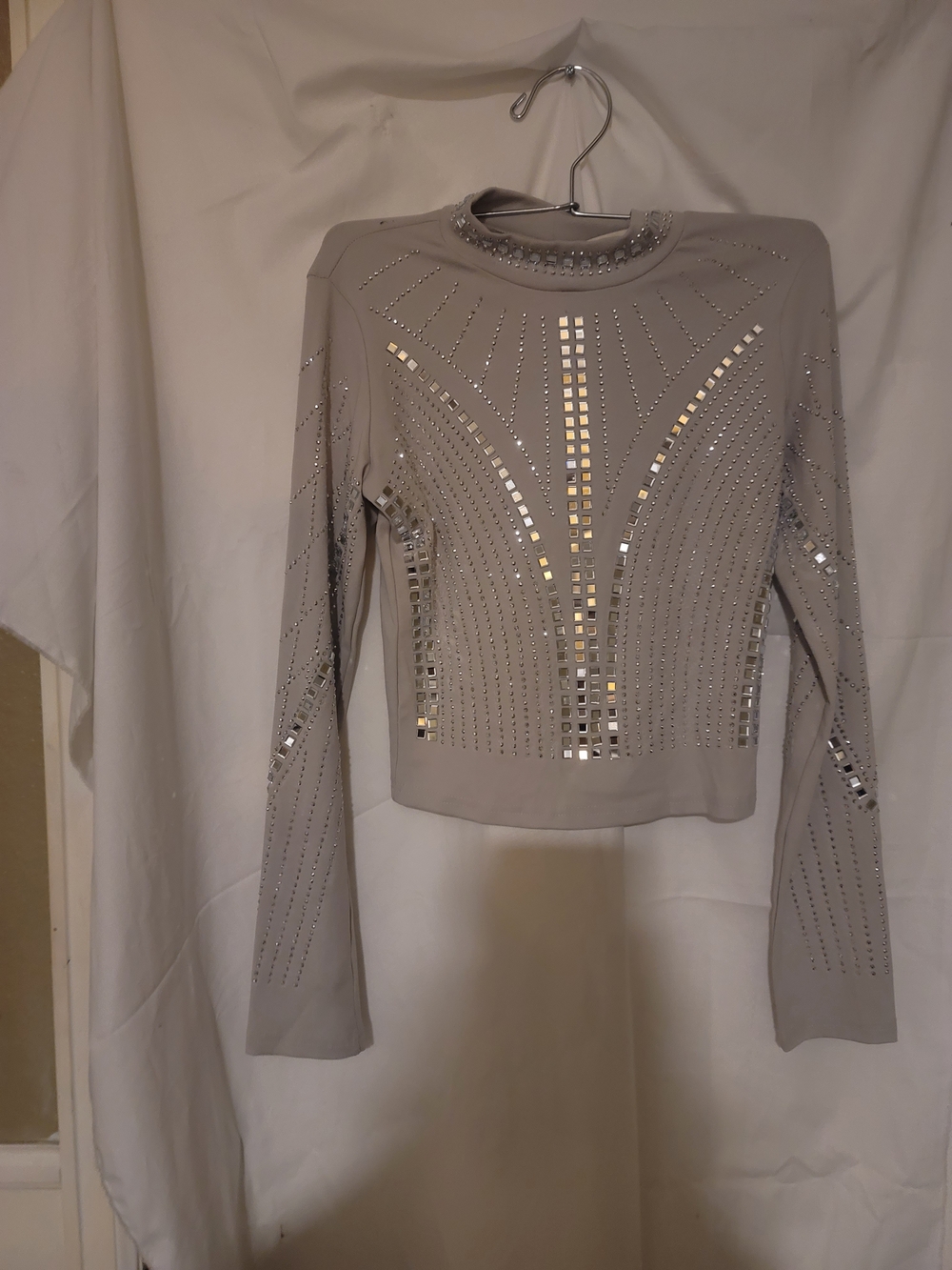 Studded Long-Sleeve Crewneck Top in Light Gray